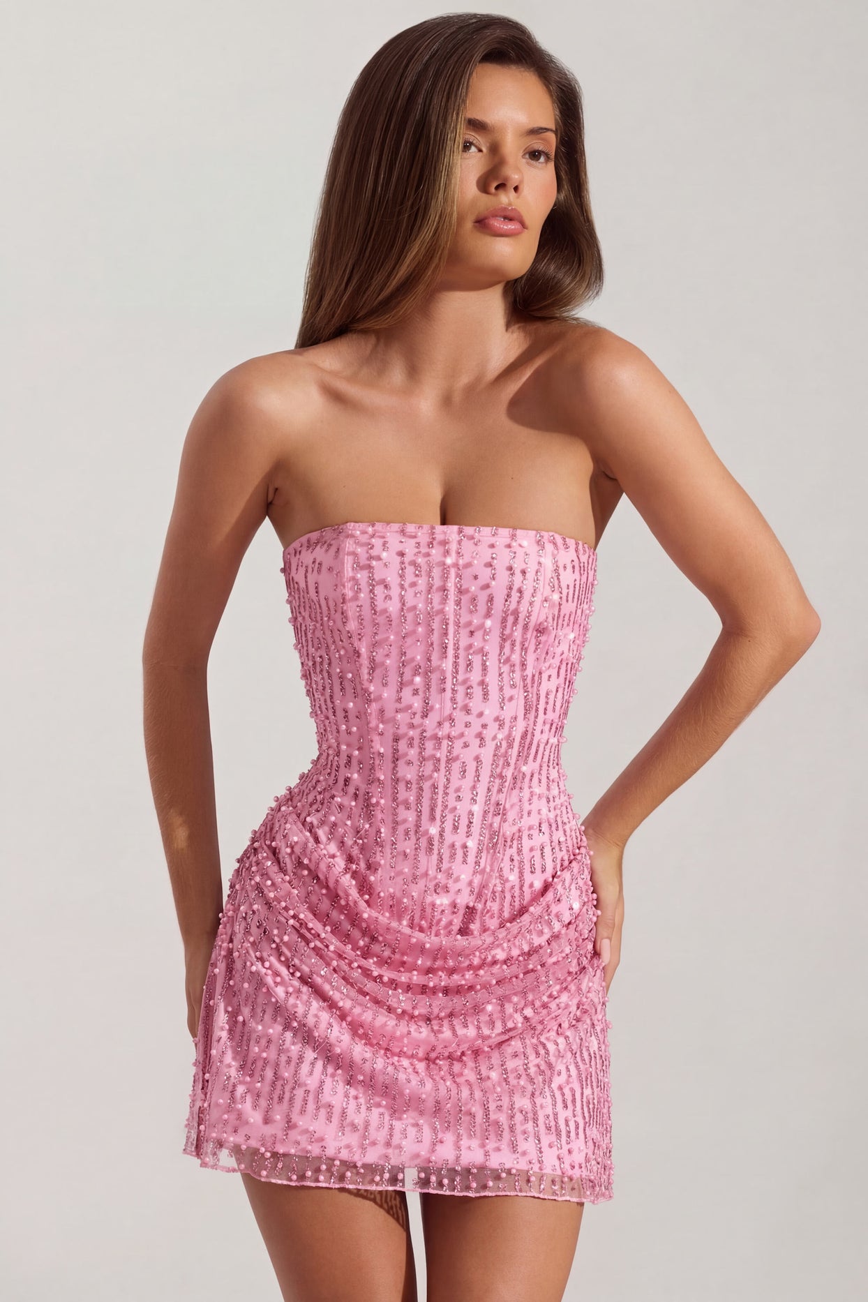 Embellished Draped Strapless A-Line Mini Dress in Pink - 8