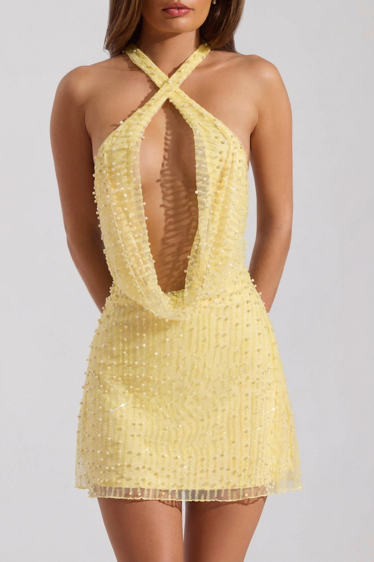 Embellished Cowl-Neck Backless Mini Dress in Yellow - 5