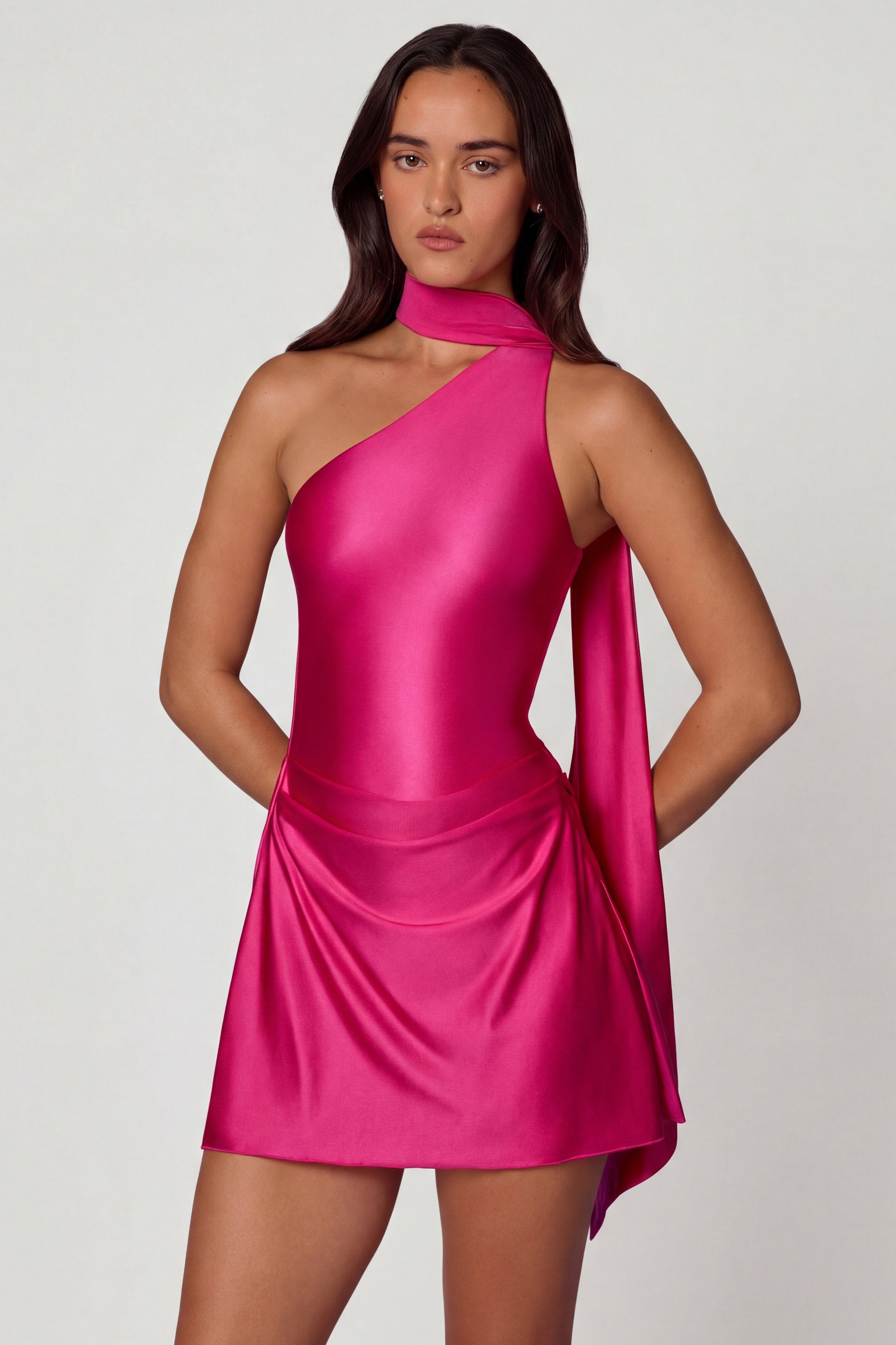 Asymmetric Scarf-Detail Mini Dress in Hot Pink - 1