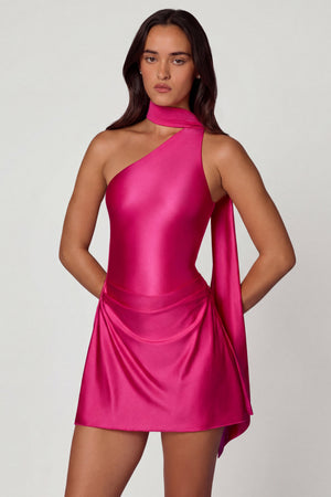 strapless open back dress Kiraz Asymmetric Scarf-Detail Mini Dress in Hot Pink