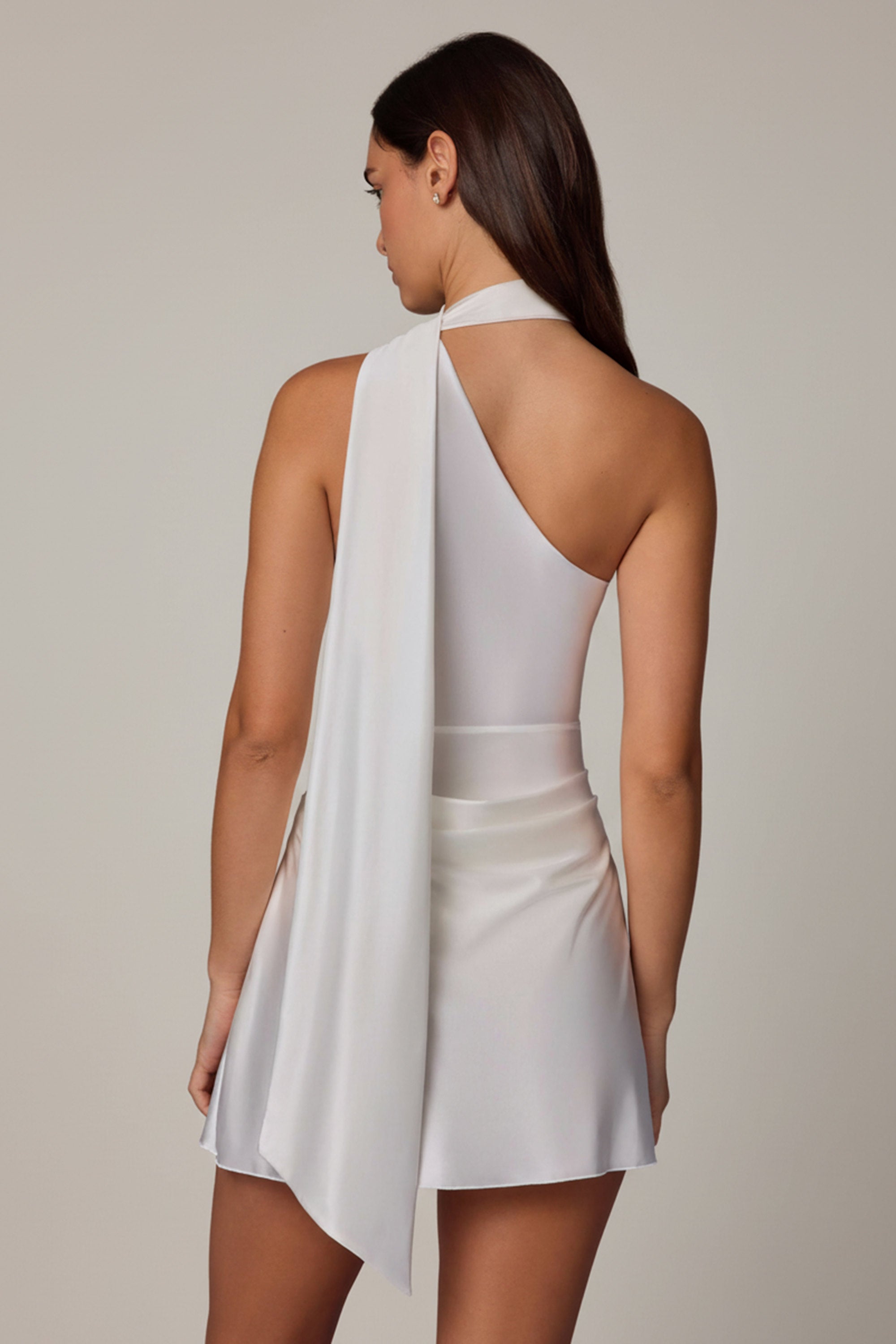 Asymmetric Scarf-Detail Mini Dress in White - 2