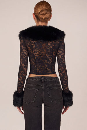 Sheer Lace Faux-Fur-Trim Cardigan in Black