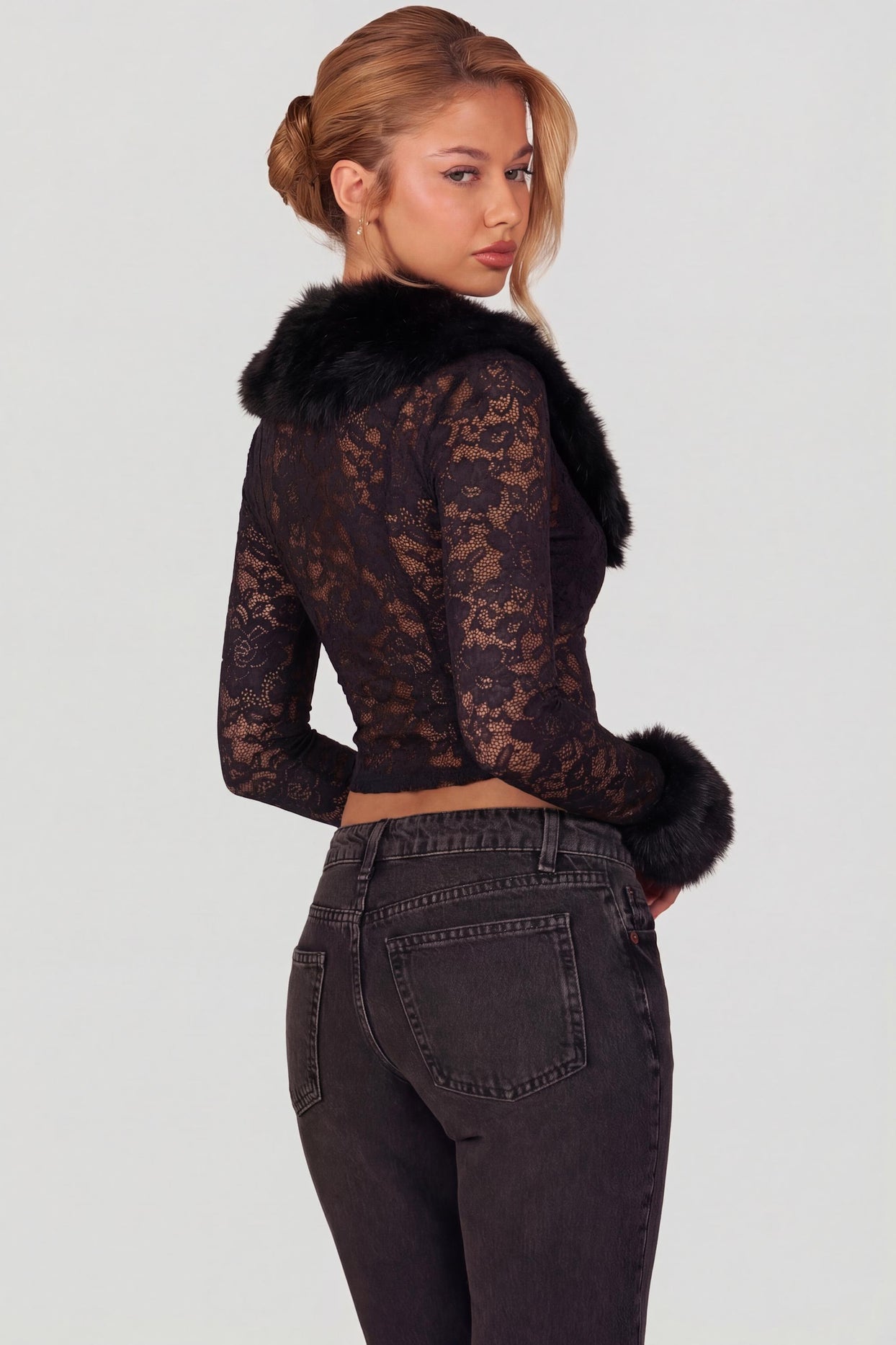 Sheer Lace Faux-Fur-Trim Cardigan in Black - 4