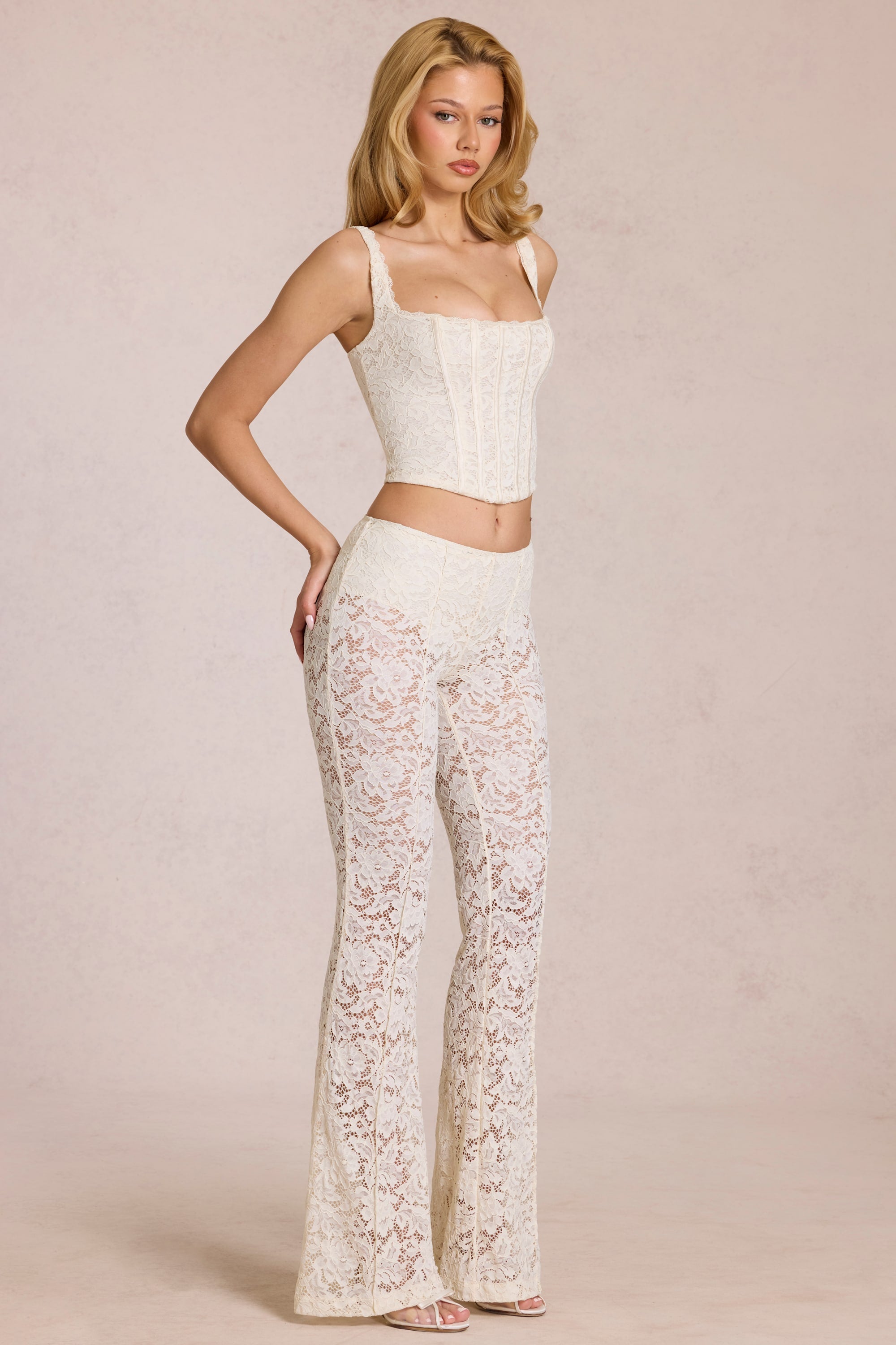 Sheer Lace Mid-Rise Flared Trousers in Pearl