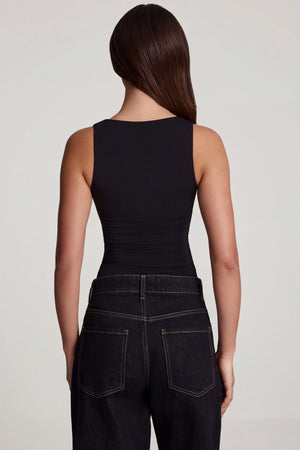 Oh Polly's Roberta wearing the Mirandria Full Top in Black Sheer Jersey fabric perfect for a night out