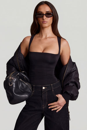 Oh Polly's Roberta wearing the Mirandria Full Top in Black Sheer Jersey fabric perfect for date night style