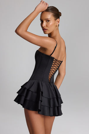 Ruffled Lace-Up Corset Playsuit in Black
