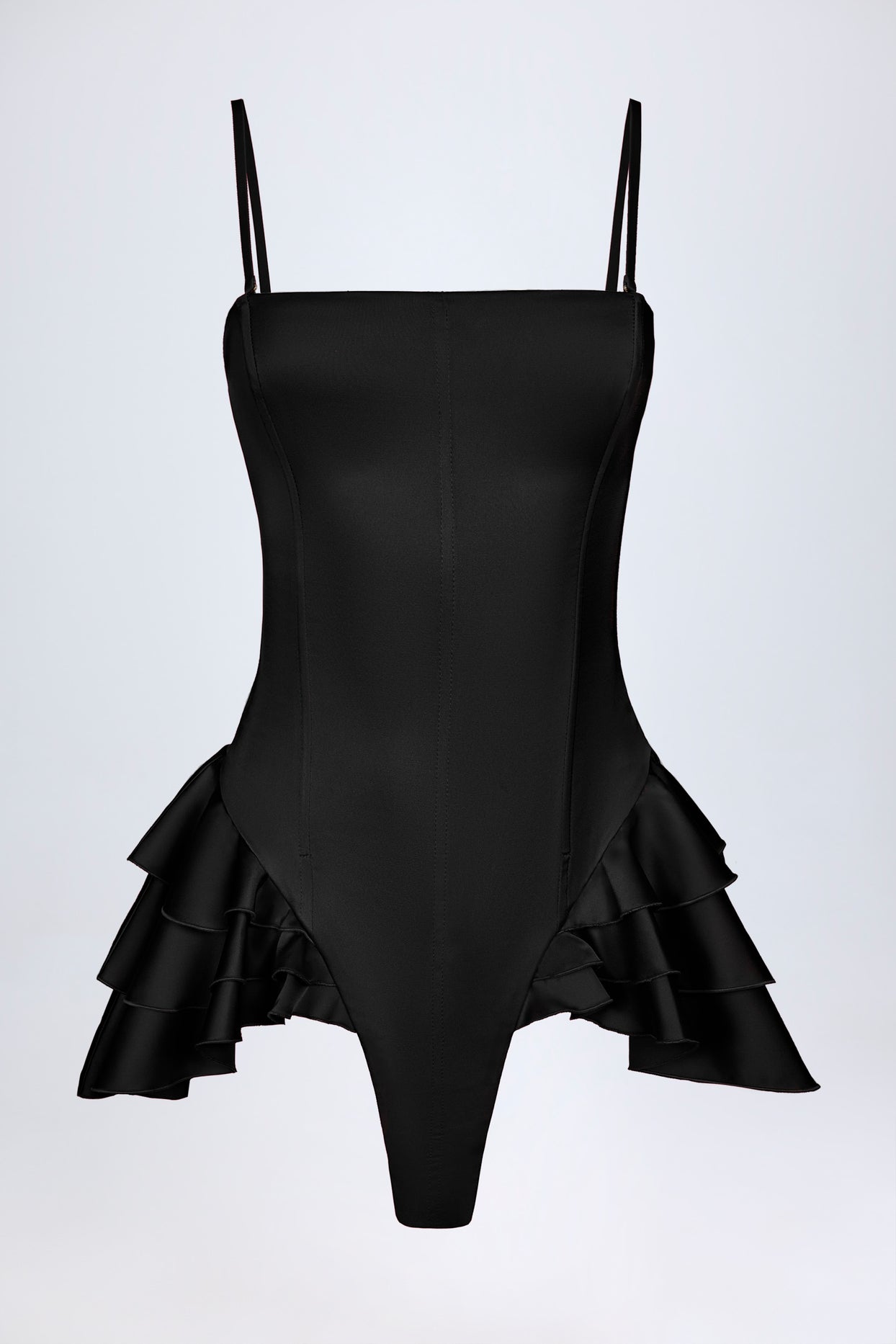 Ruffled Lace-Up Corset Playsuit in Black - 6