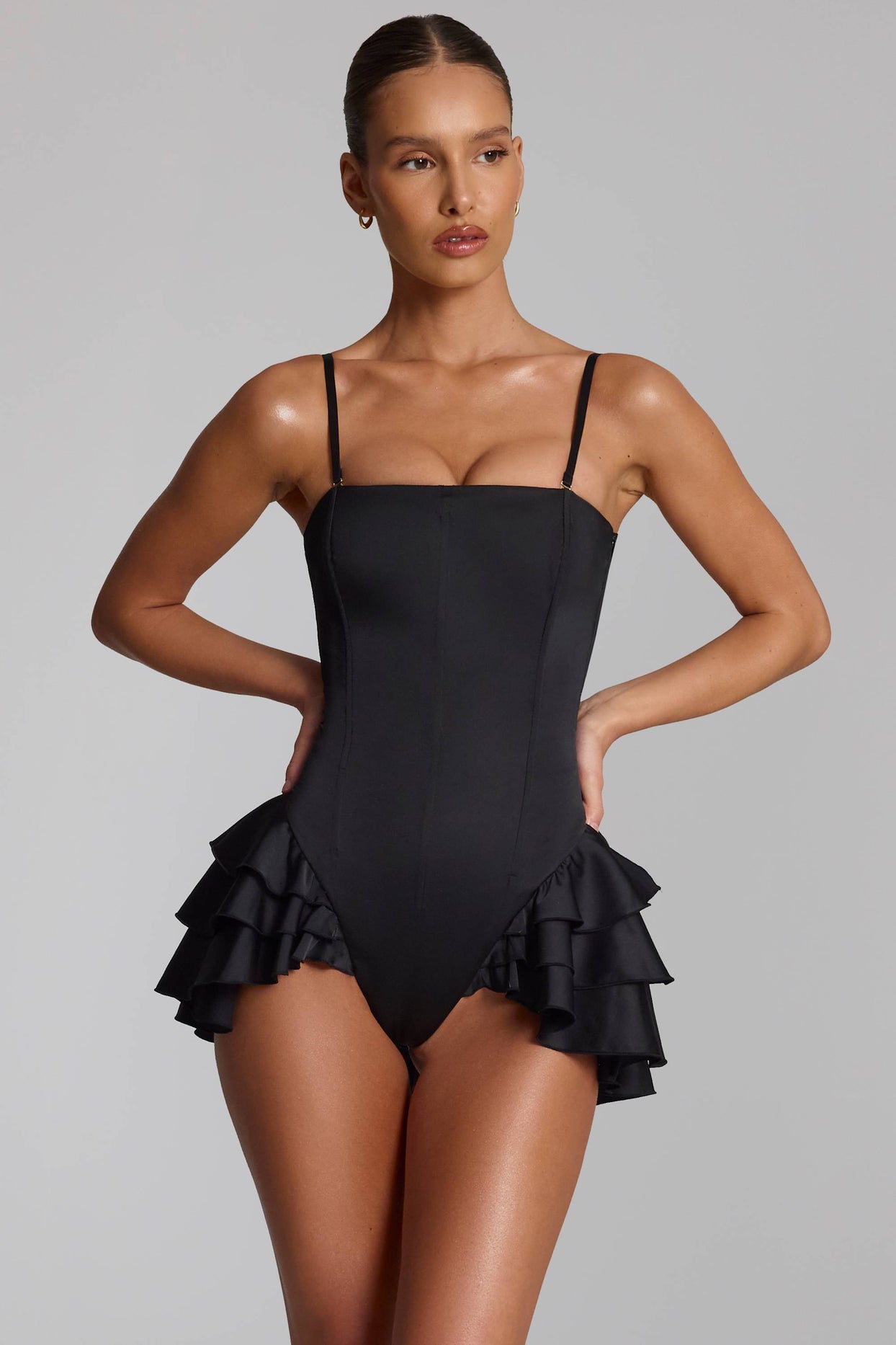 Ruffled Lace-Up Corset Playsuit in Black - 5