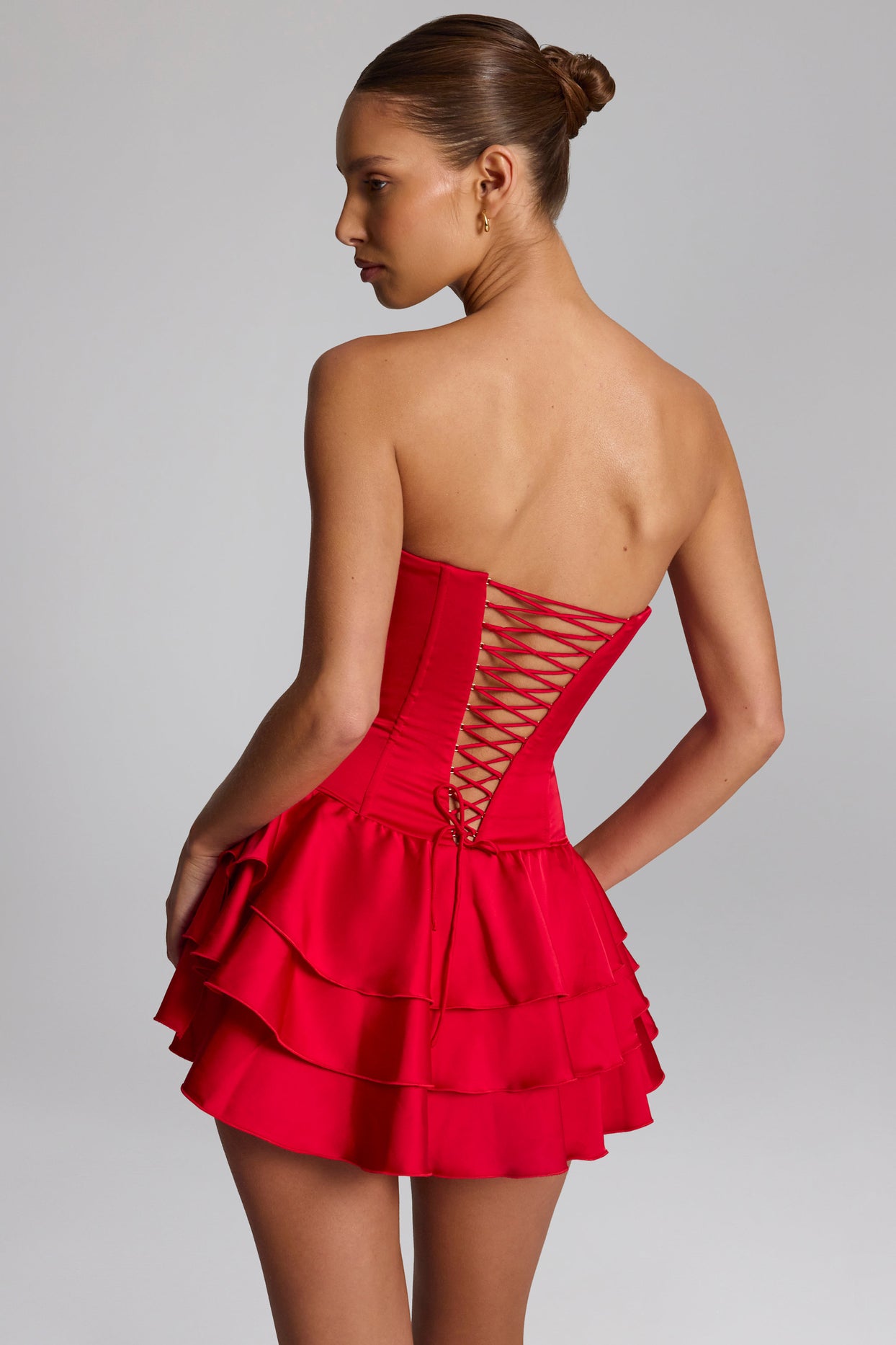 Ruffled Lace-Up Corset Playsuit in Fire Red - 4