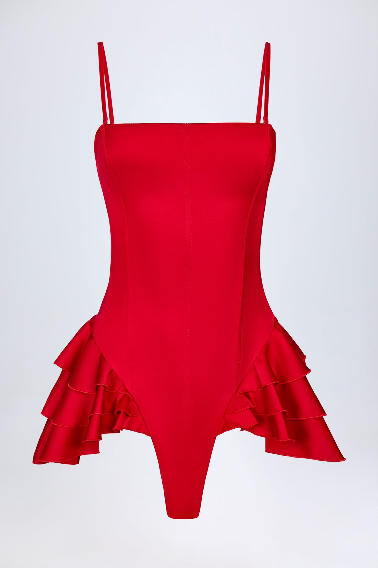Ruffled Lace-Up Corset Playsuit in Fire Red - 7