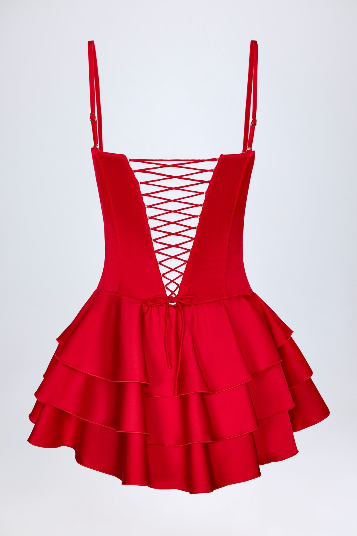 Ruffled Lace-Up Corset Playsuit in Fire Red - 8