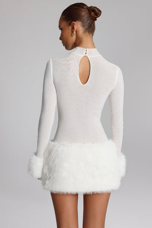 hutch long sleeve turtleneck faux feather trim sheer mini dress hutch long-sleeve turtleneck faux-feather trim sheer mini dress Turtleneck Long Sleeve Short Dress Ostrich Feather Black Desiri Couture
