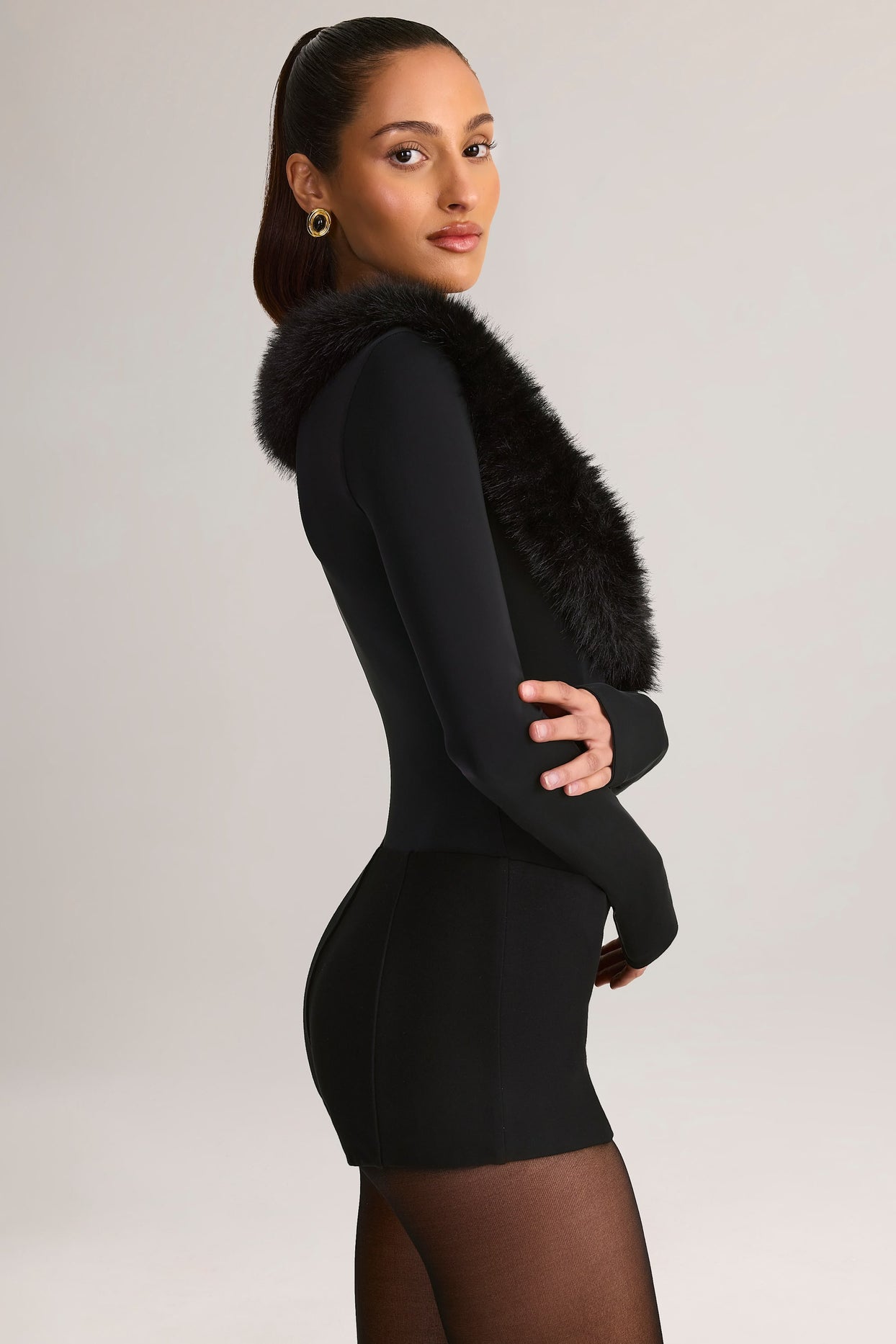 Faux Fur-Trim Corset Playsuit in Black - 4