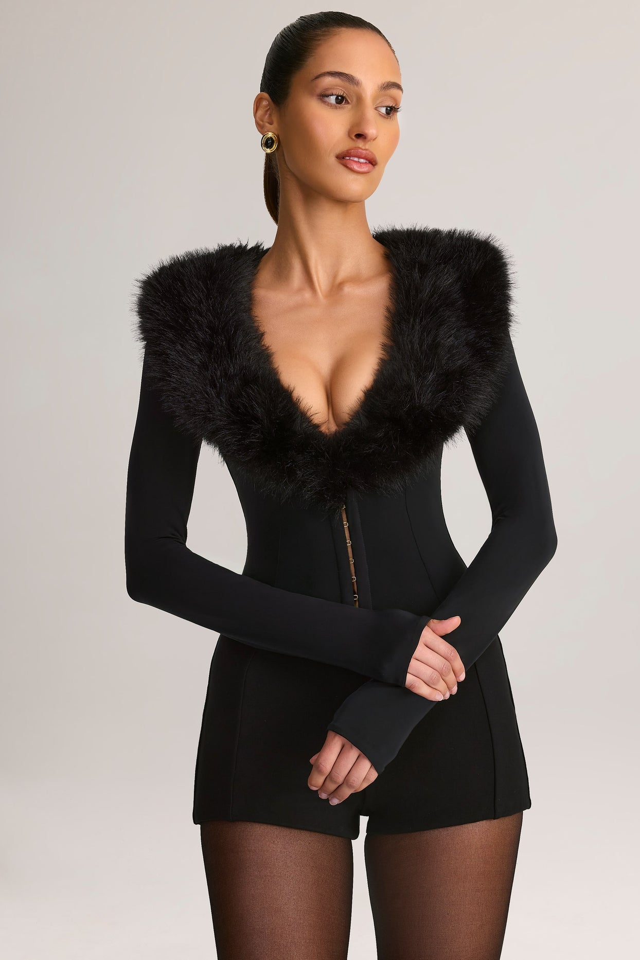 Faux Fur-Trim Corset Playsuit in Black - 8