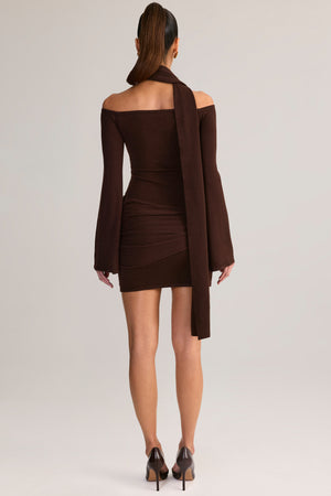 Knit Scarf-Detail Off-Shoulder Mini Dress in Chocolate Brown