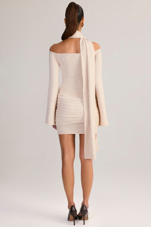 Knit Scarf-Detail Off-Shoulder Mini Dress in Cream