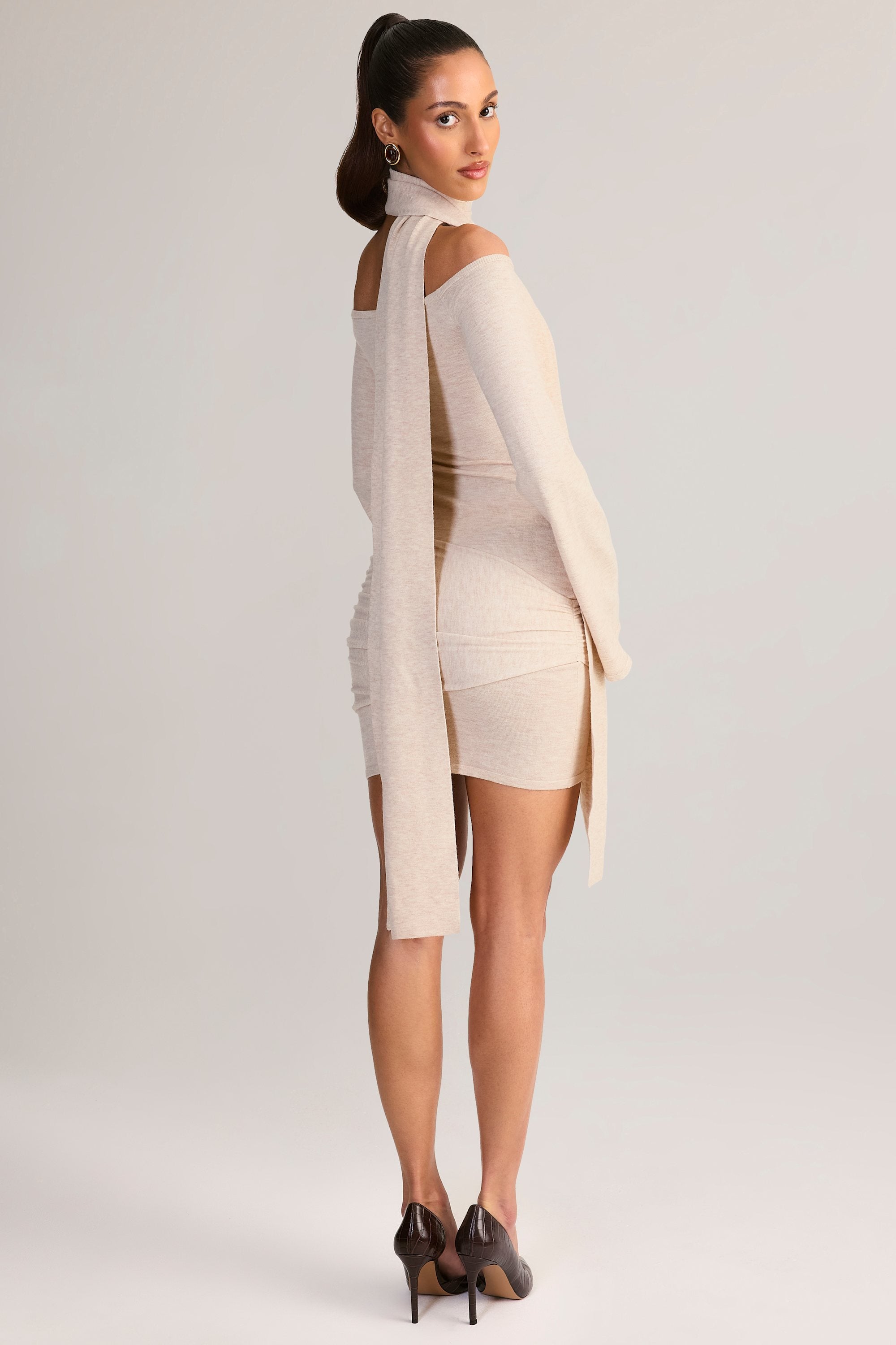 Knit Scarf-Detail Off-Shoulder Mini Dress in Cream