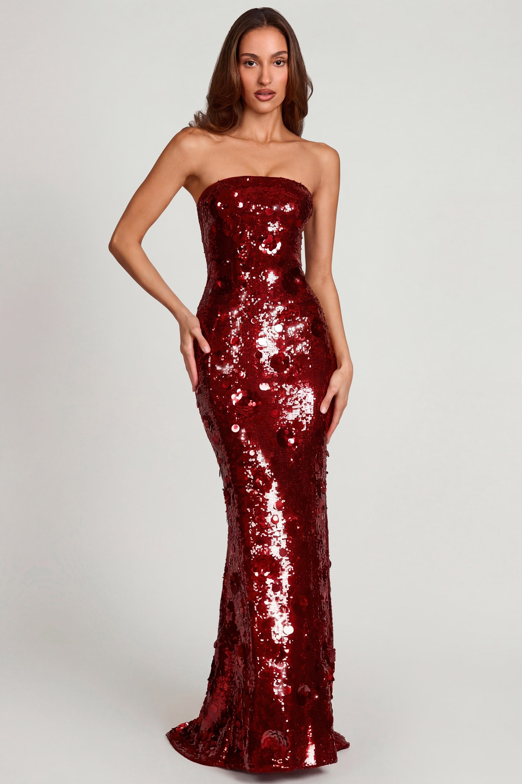 3D Embellished Bandeau Maxi Dress in Red - 1