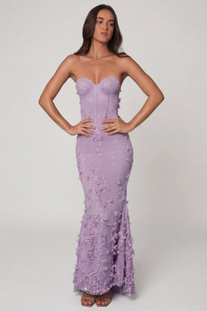Amal Lace-Up Corset Maxi Dress in Lilac