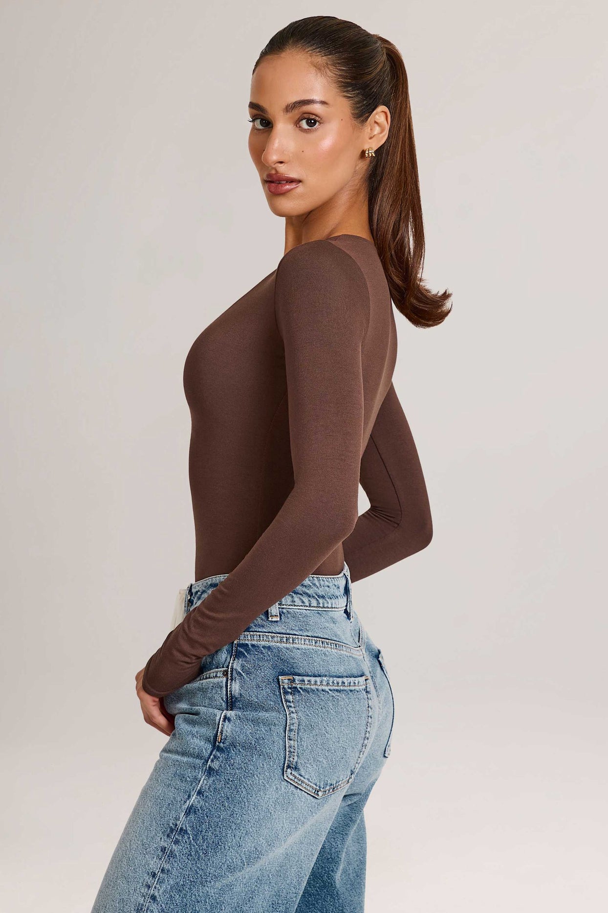 Modal Plunge Long-Sleeve Bodysuit in Chocolate Brown - 3