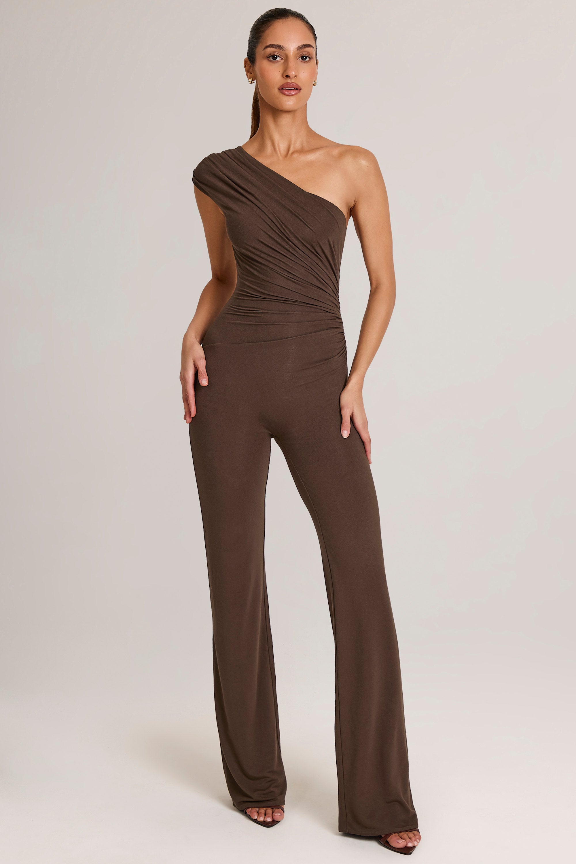 Modal One-Shoulder Jumpsuit in Chocolate Brown - 1