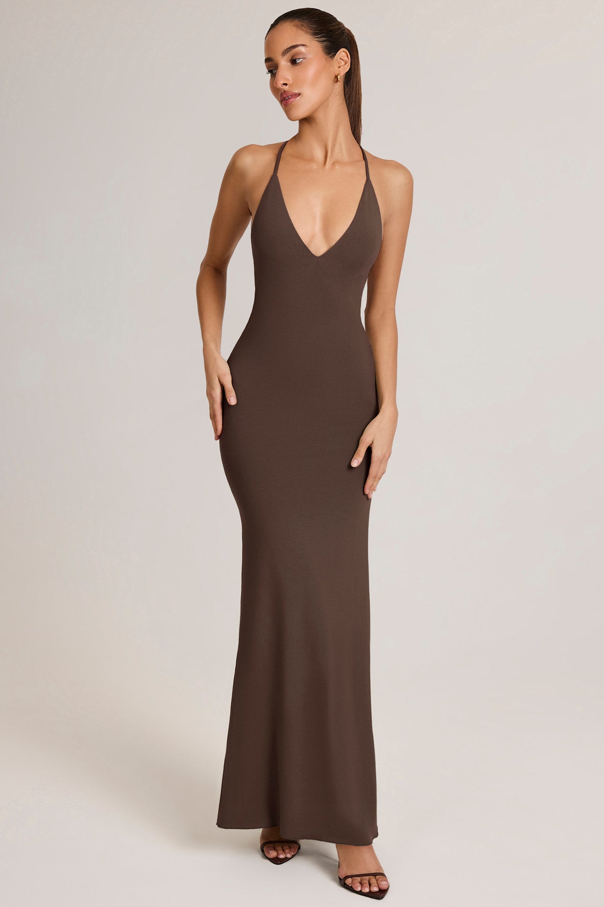 Modal Plunge Backless Maxi Dress in Chocolate Brown - 9