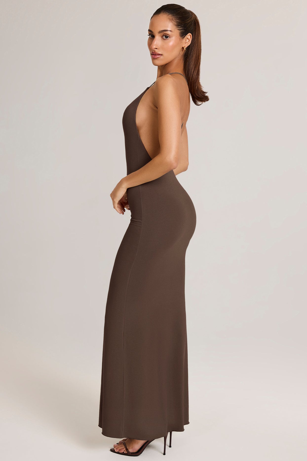 Modal Plunge Backless Maxi Dress in Chocolate Brown - 11