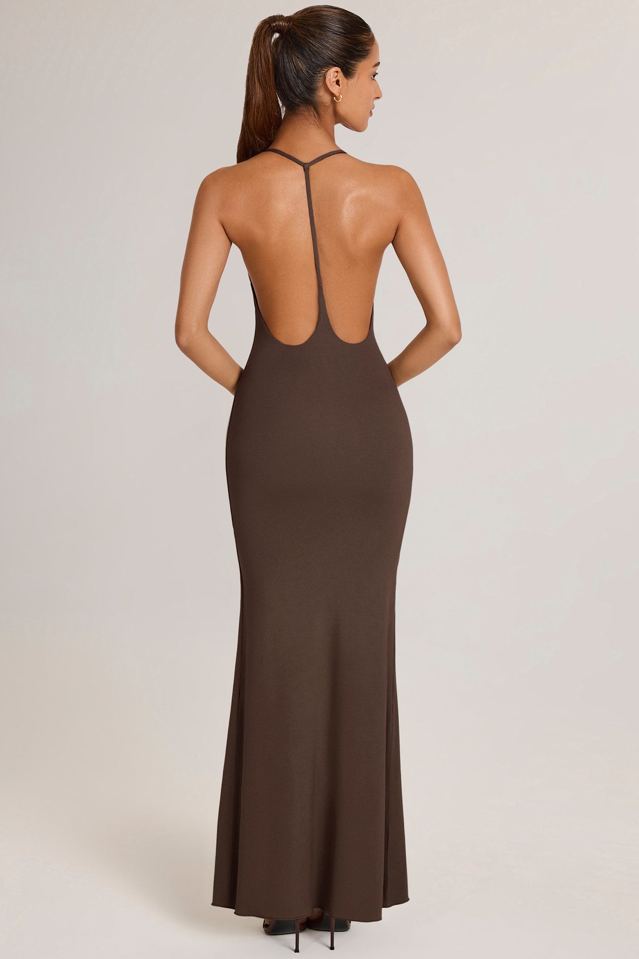 Modal Plunge Backless Maxi Dress in Chocolate Brown - 10