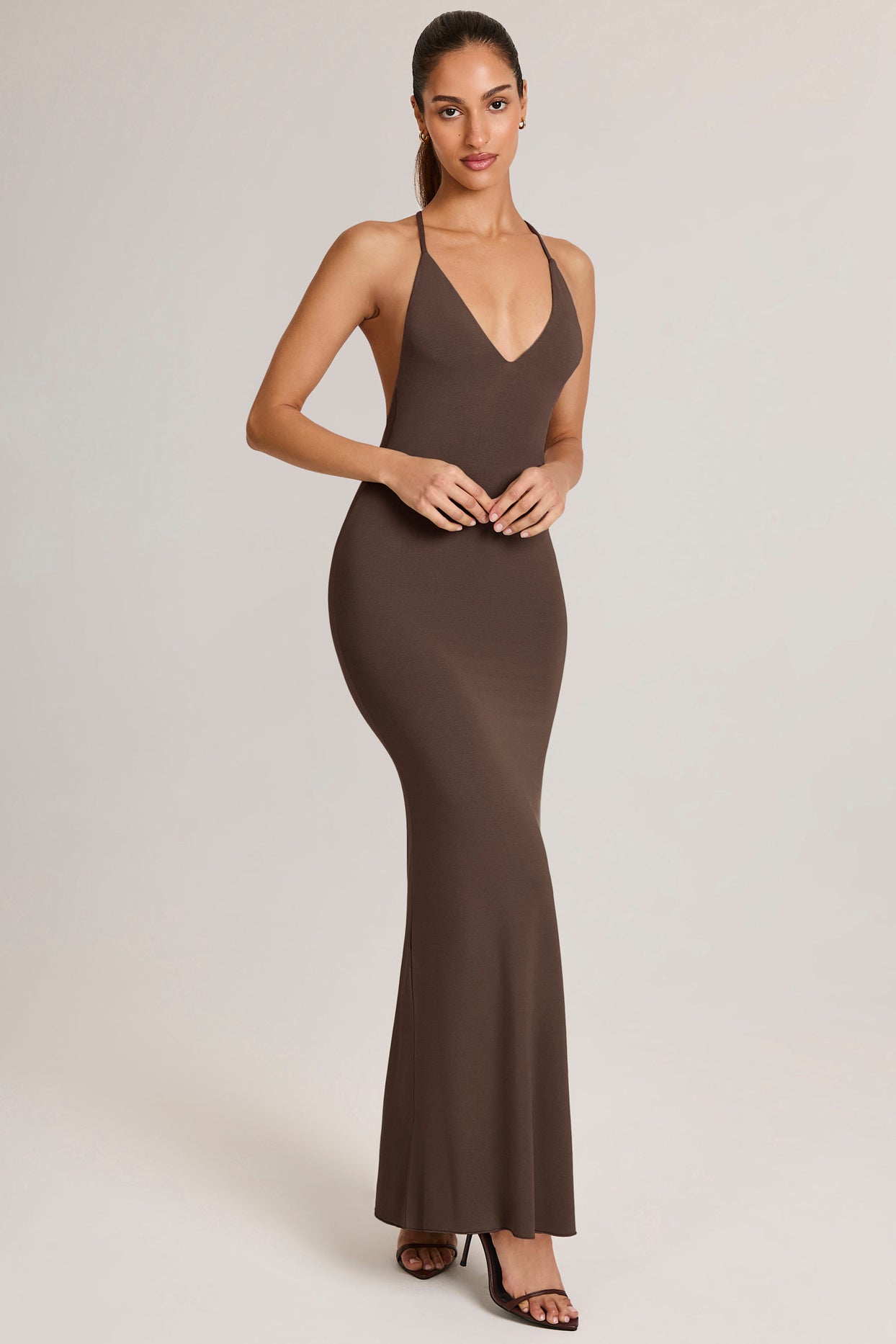 Modal Plunge Backless Maxi Dress in Chocolate Brown - 12