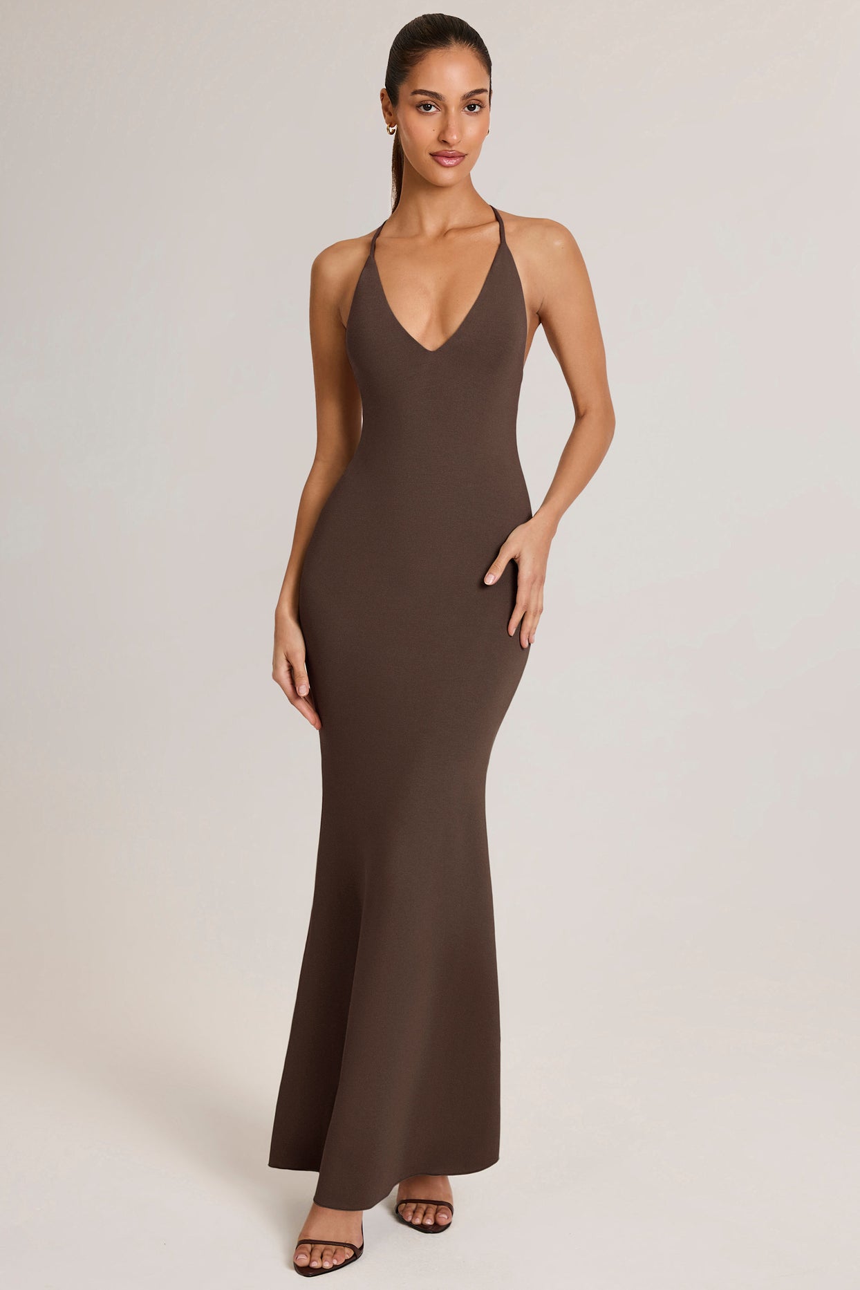 Modal Plunge Backless Maxi Dress in Chocolate Brown - 14