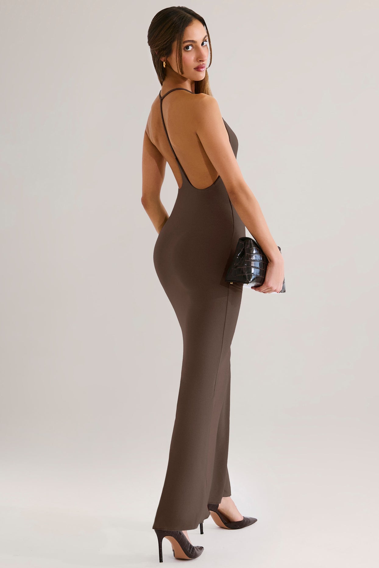 Modal Plunge Backless Maxi Dress in Chocolate Brown - 8