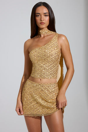 Embellished Scarf-Detail Asymmetric Top in Gold