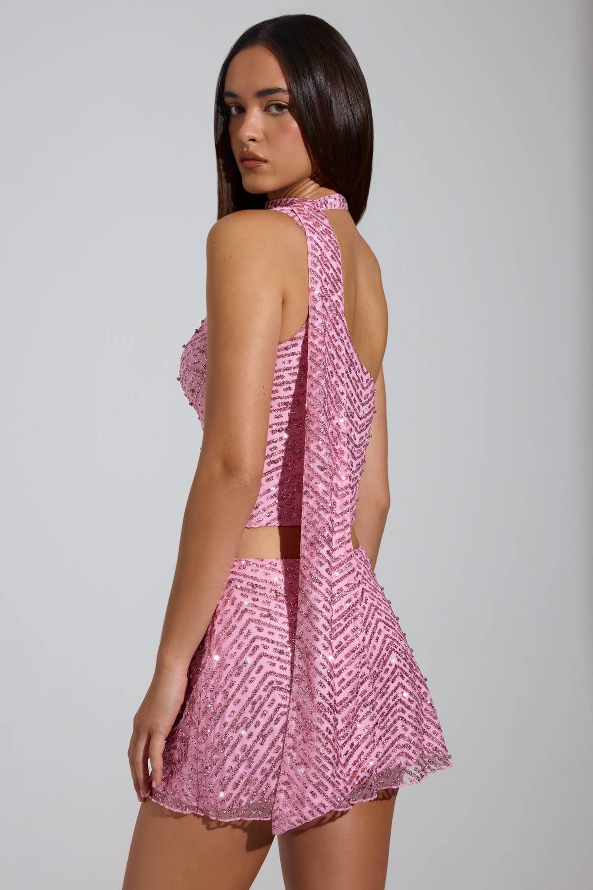 Embellished Asymmetric Scarf-Detail Top in Pink