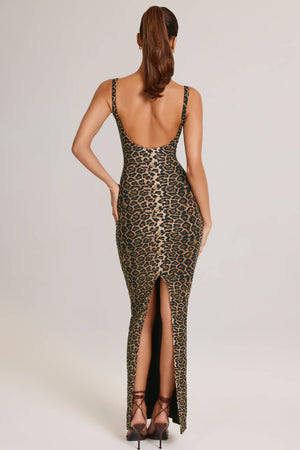 Modal Square Neck Maxi Dress in Leopard Print