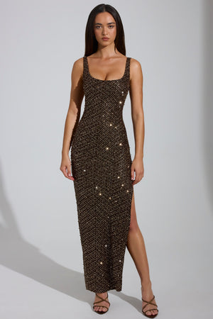 Embellished Scoop-Neck Maxi Dress in Brown