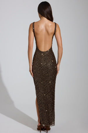 Embellished Scoop-Neck Maxi Dress in Brown