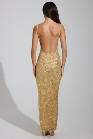 Embellished Scoop-Neck Maxi Dress in Gold