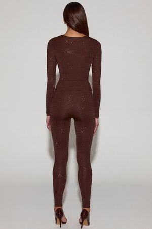 Oh Polly's Kayla wearing the Cassie Leggings in Chocolate Brown Square Hotfix fabric perfect for brunch with friends