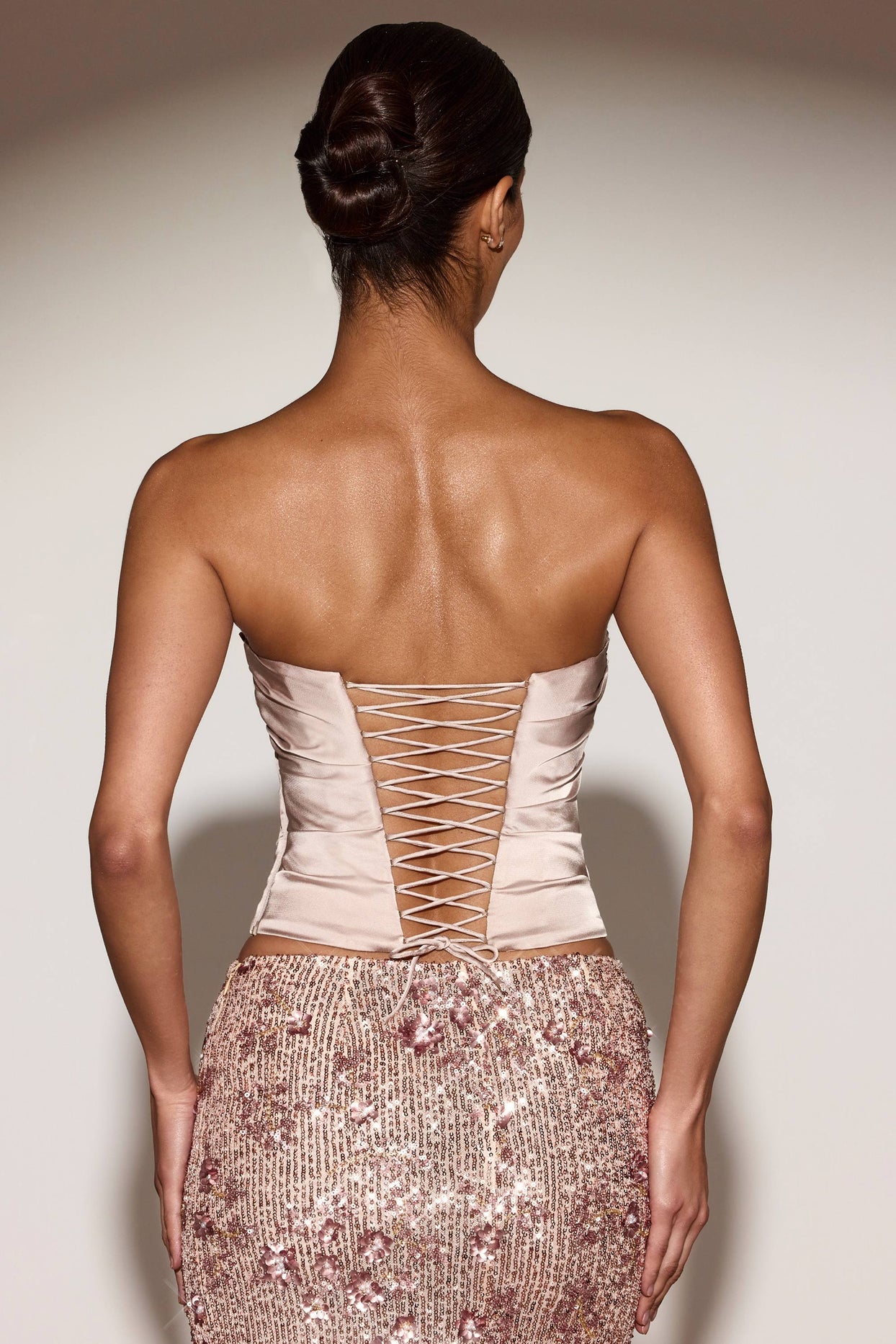 Satin Draped Lace-Up Corset Top in Gold - 3