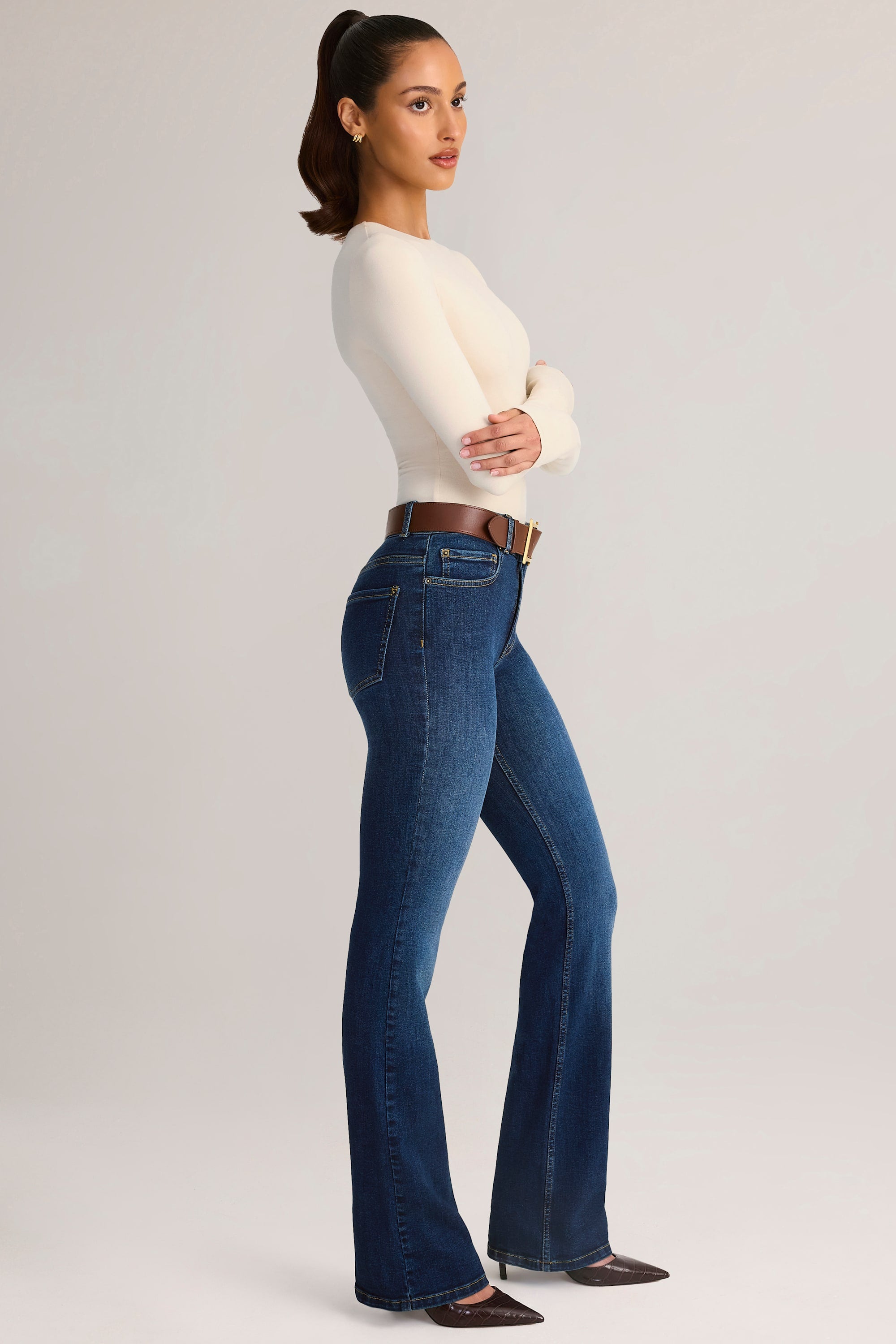 Denim Mid-Rise Flared Jeans in Indigo