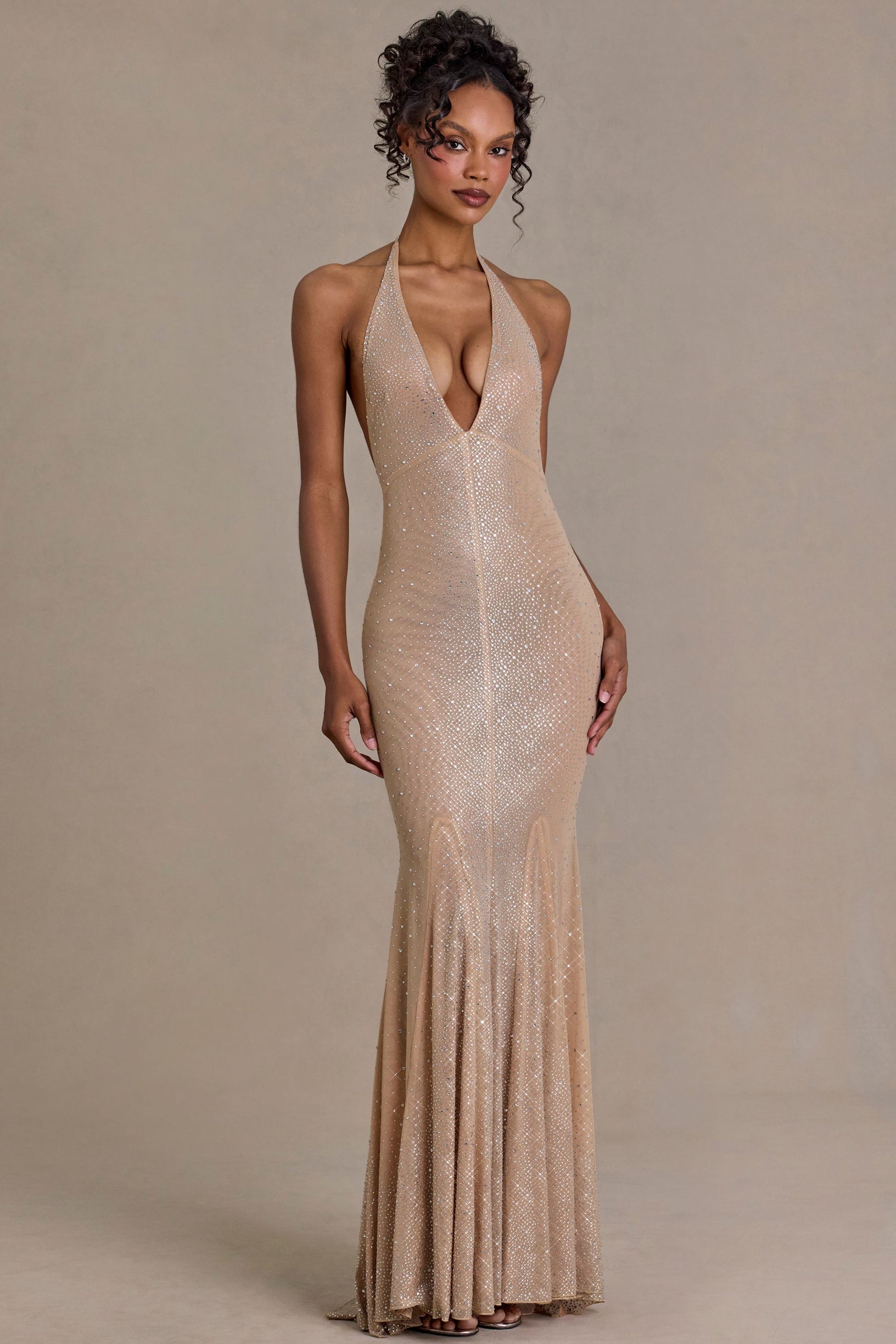 Embellished Plunge-Neck Open-Back Gown in Sand - 1