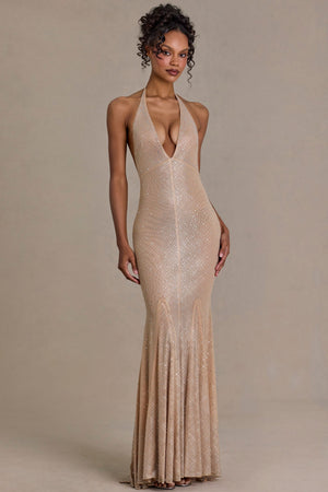 Premium Embellished Plunge-Neck Open-Back Gown in Beige Gold
