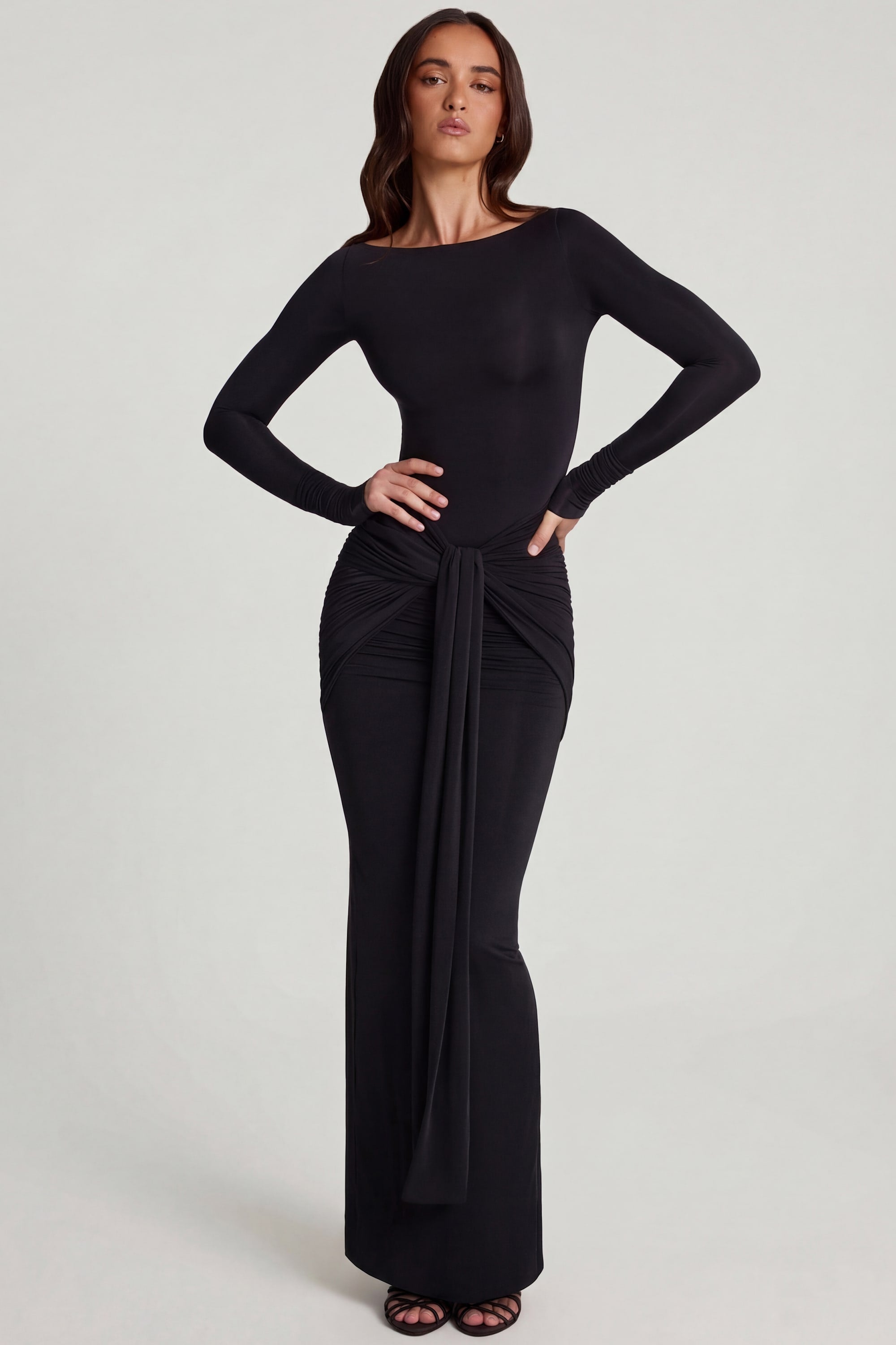 Soft Jersey Boat-Neck Tie-Gather Maxi Dress in Black