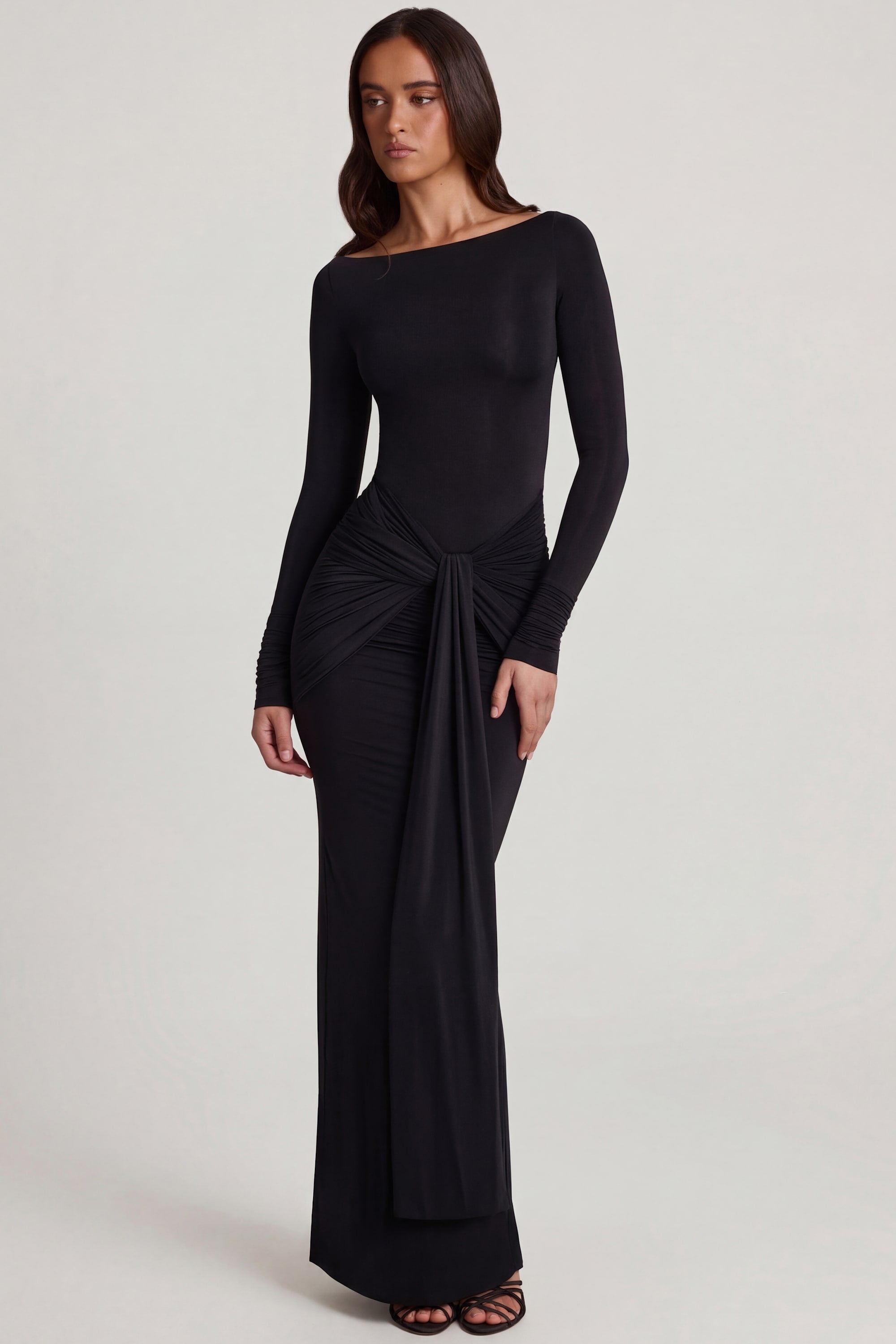 Soft Jersey Boat-Neck Tie-Gather Maxi Dress in Black