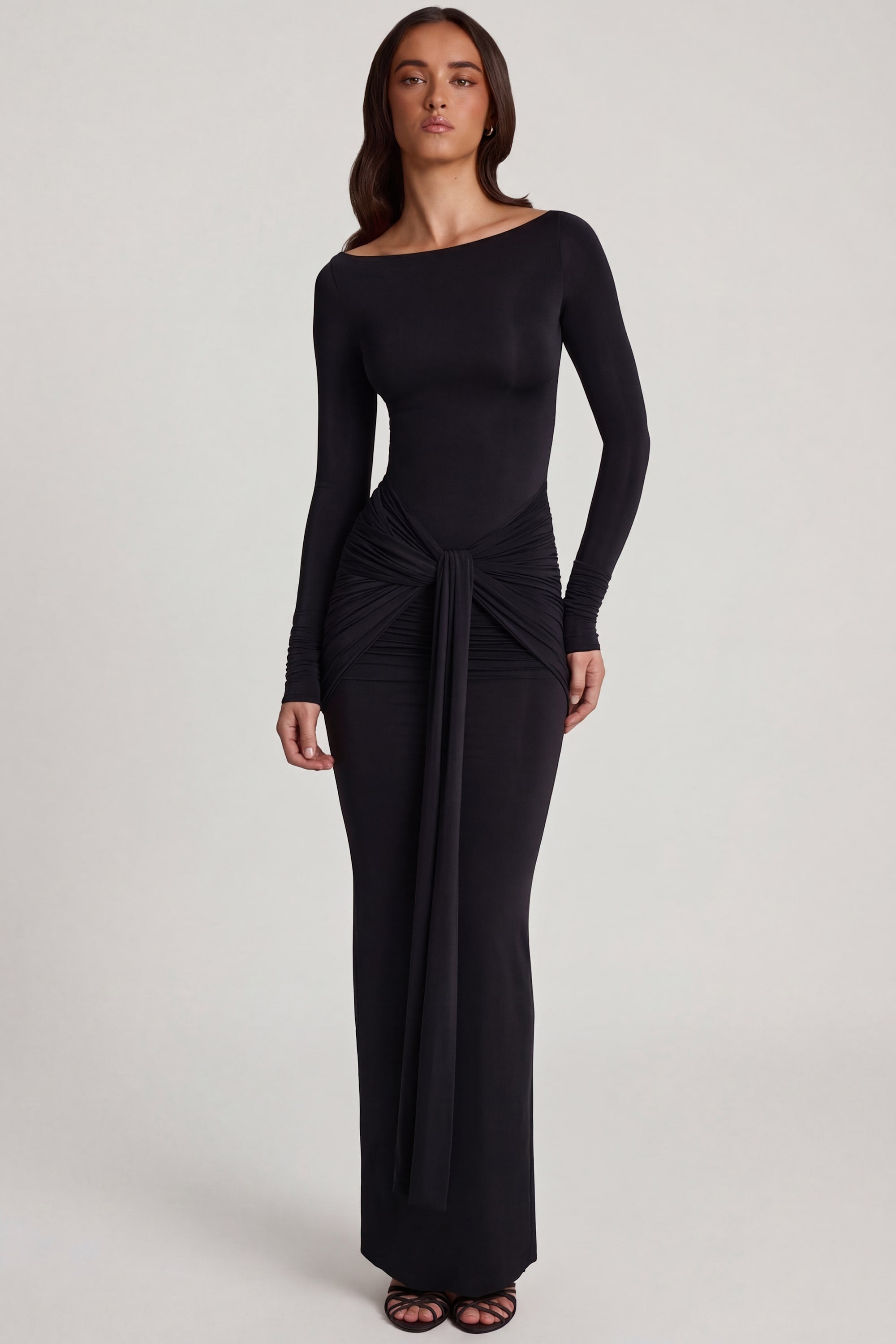 Soft Jersey Boat-Neck Tie-Gather Maxi Dress in Black