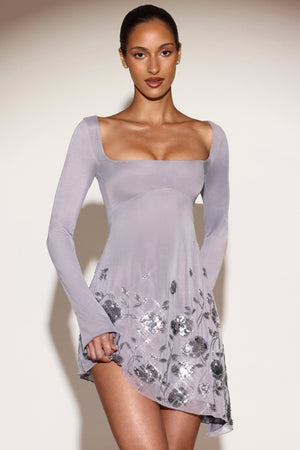 Embellished Asymmetric Mini Dress in Lilac