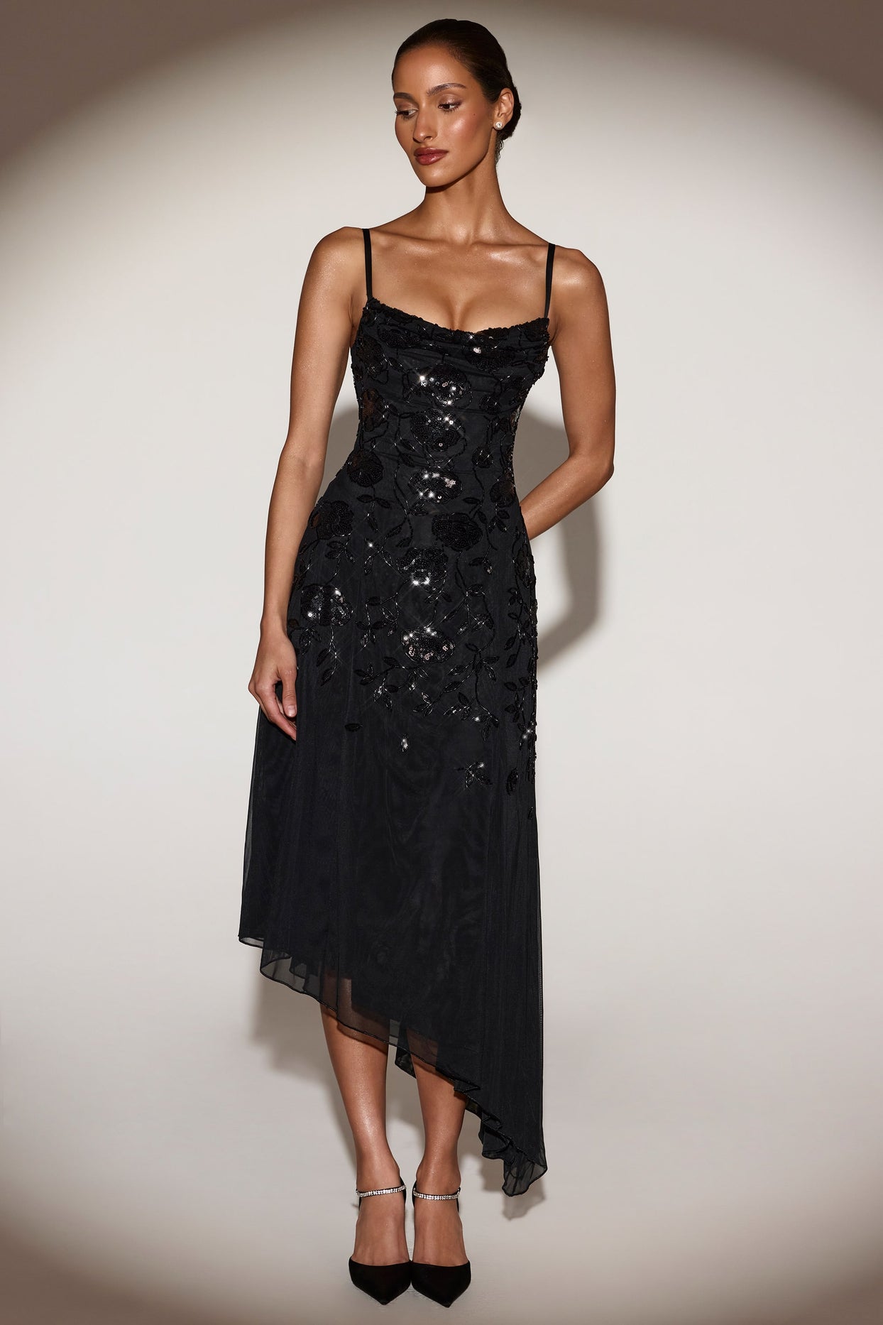 Embellished Soft-Scoop Asymmetric Midaxi Dress in Black - 7