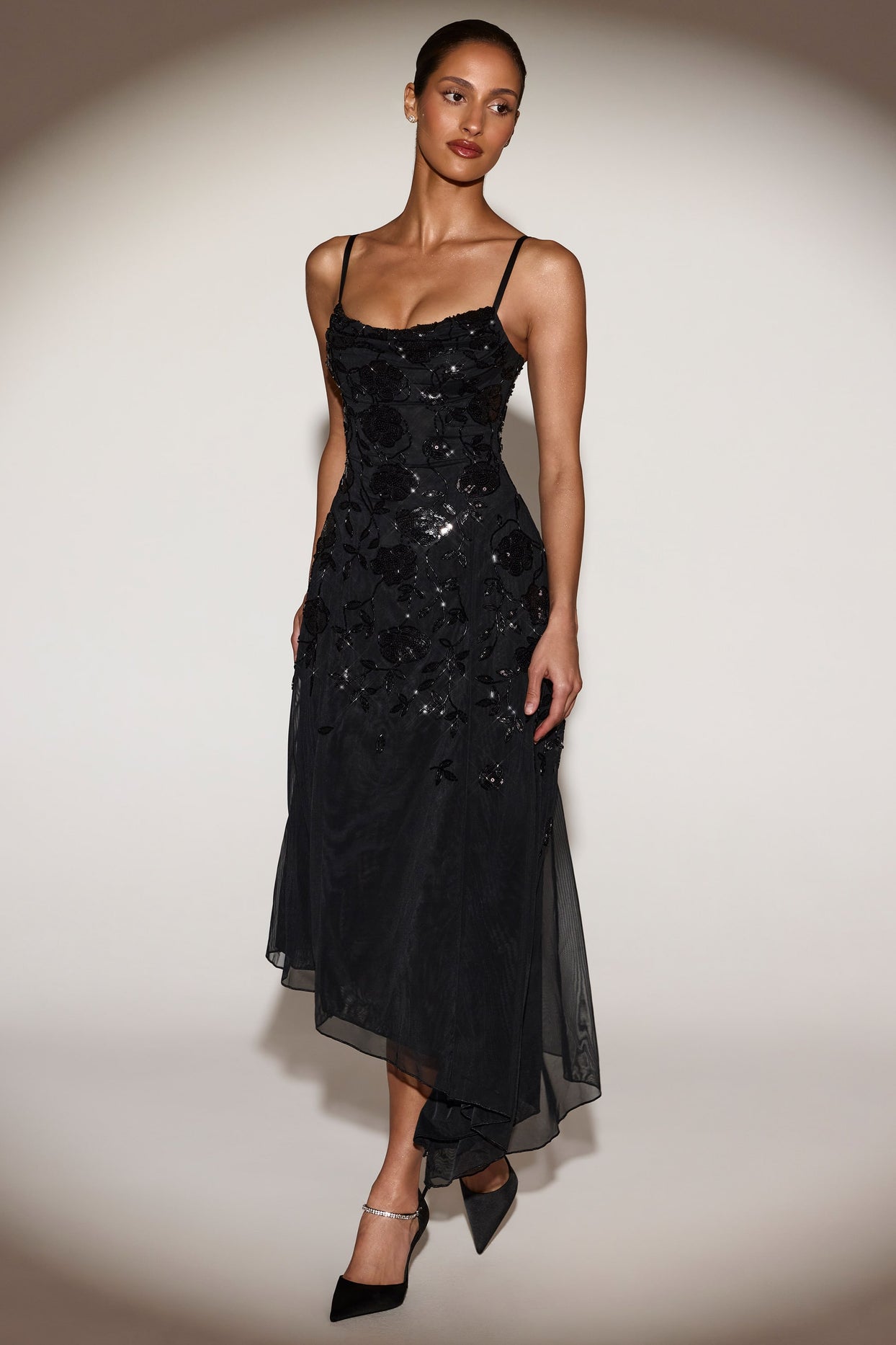 Embellished Soft-Scoop Asymmetric Midaxi Dress in Black - 8