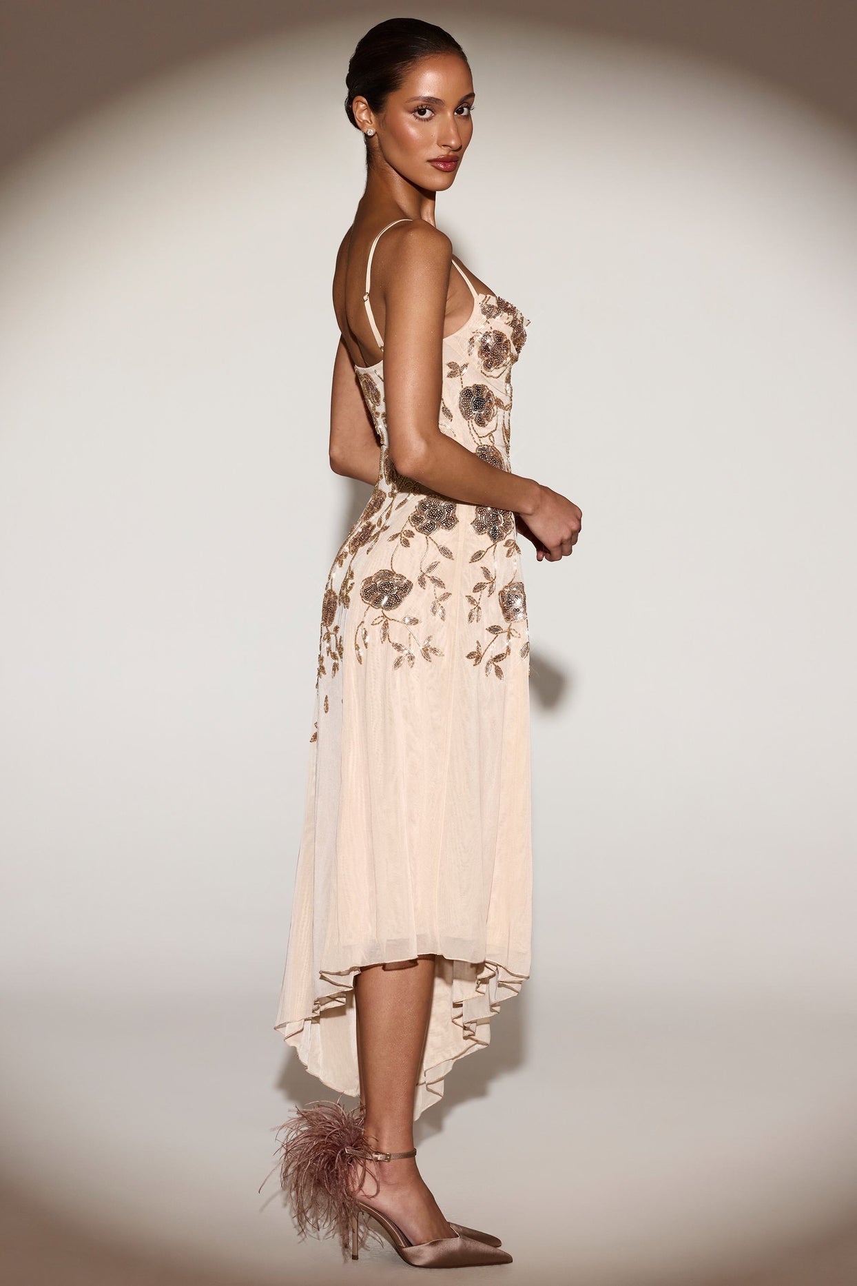 Embellished Soft-Scoop Asymmetric Midaxi Dress in Gold - 5